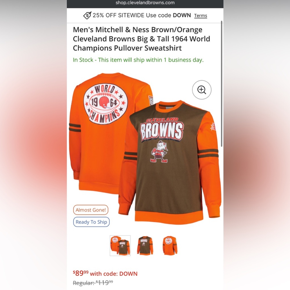 Mitchell & Ness Brown/Orange Cleveland Browns 1964 World Champions Sweatshirt